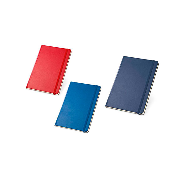 Bloco de anotações sem pauta com capa dura nas cores azul royal e vermelho