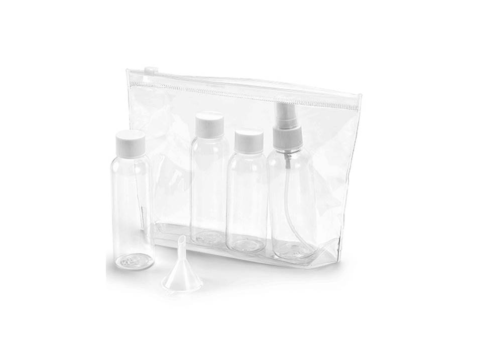 Bolsa de cosméticos hermética em PVC. Incluso 3 frascos (2 x 65 ml e 60 ml)