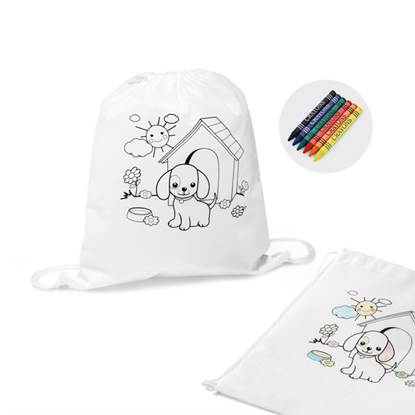 Mochila saco infantil para colorir. Em Non-woven: 80 g/m². Com desenho impresso